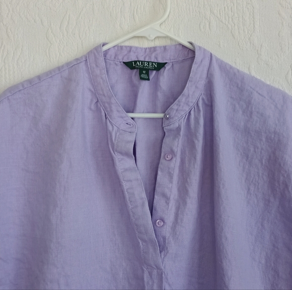Ralph Lauren Lavender Linen Tunic Dress Purple Button Down Cap Sleeve Pockets 12 - Picture 2 of 15